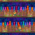 Colorful cats on a fence
